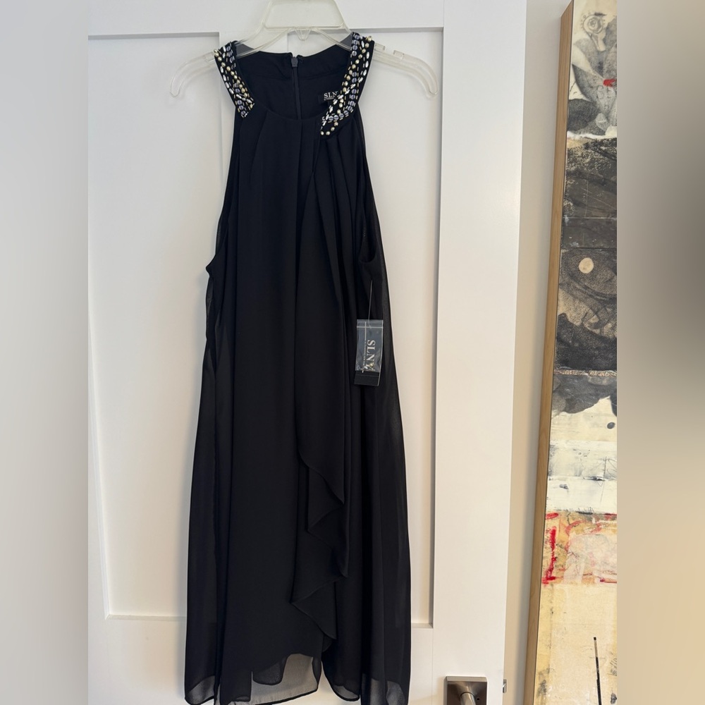 NWT SLNY Black Mini Dress with Embellished Straps